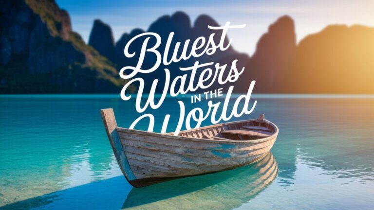 crystal clear blue water bay with a boat drifting in a calm waters surrounded by mountains